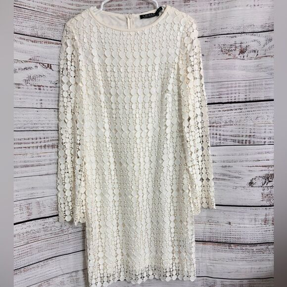 Lauren Ralph Lauren Dress womens size 8 cushion cut Lace white Geometric sheath - Picture 2 of 11